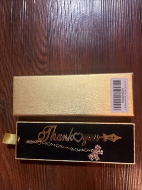 Gold Metal Pink Crystal Bow Bookmark - Thank You Script
